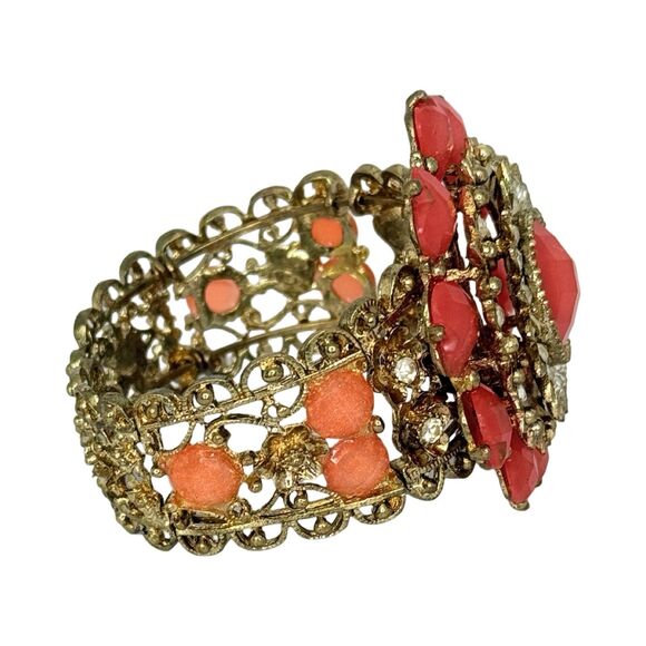Pink And Orange Rhinestone Heart Flower Clamp Statement Bracelet 6.7" VTG - Picture 8 of 12
